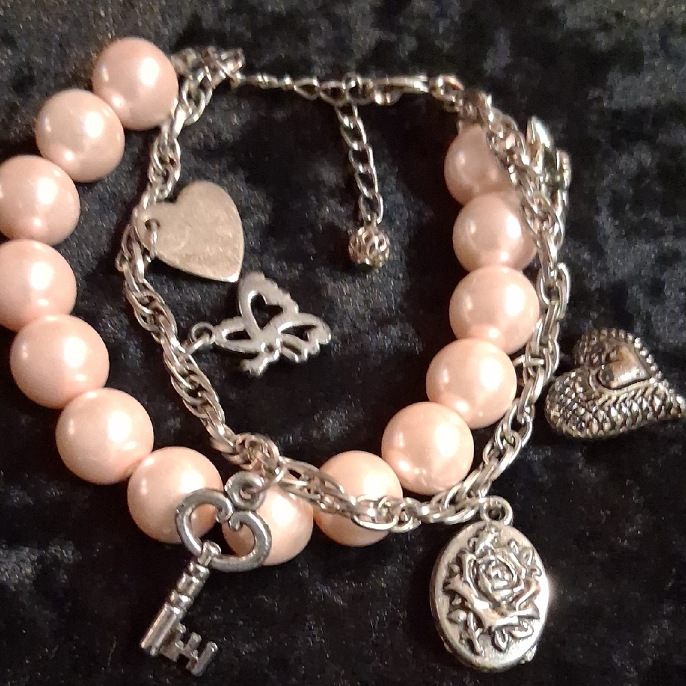 Elegant Silver With Pink Faux pearls Weighted & Charm Bracelet Sz. Adjustable